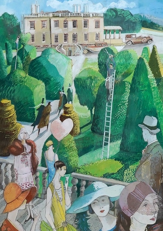 Davies, gouache, Art Deco scene with figures before a country house, 41 x 30cm. Condition - good